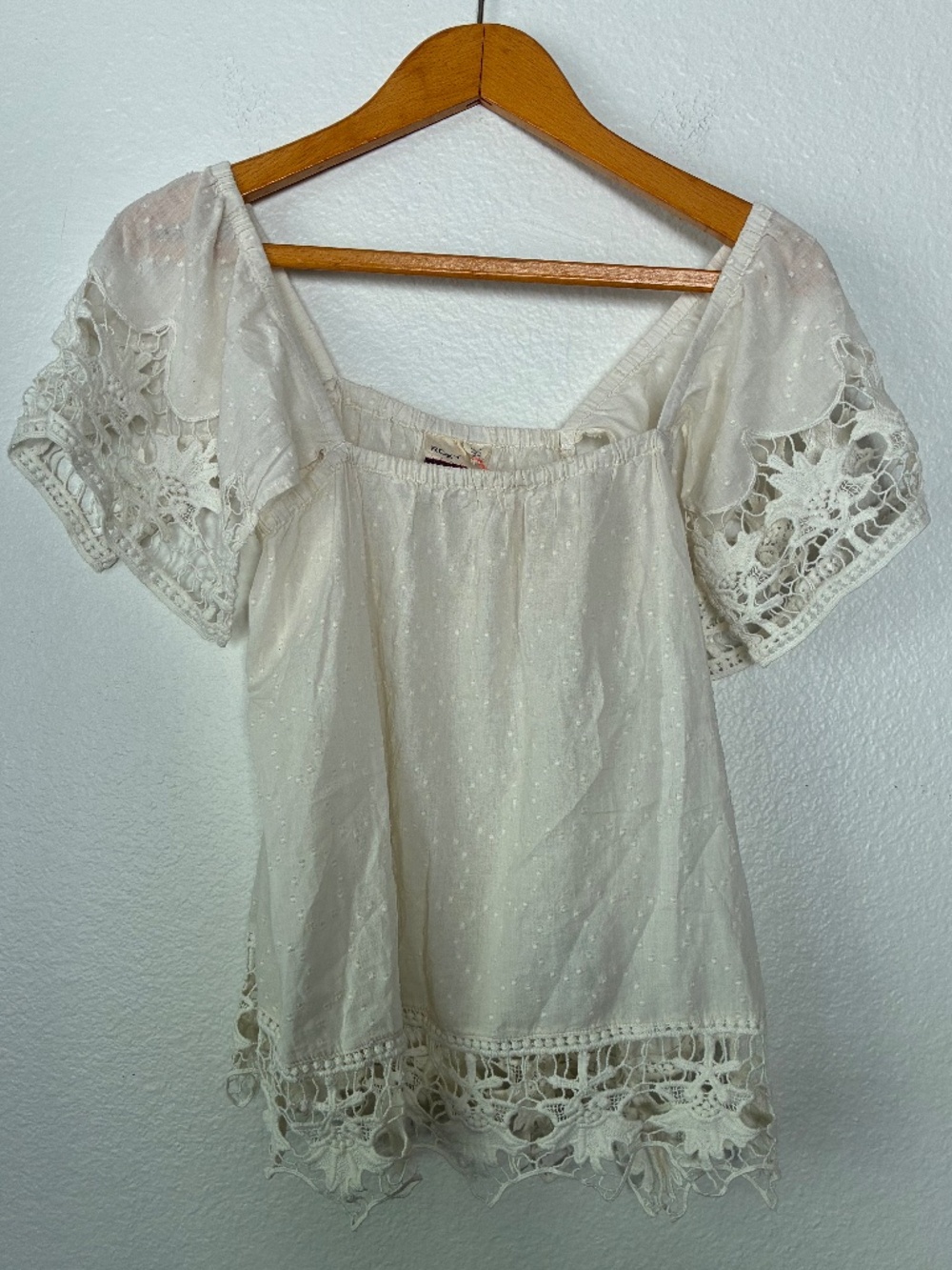 Roxy Second Wave White Crochet Square Neck 100% Cotton Small Boho Cottage
